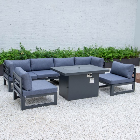 Chelsea 7-Pc Patio Sectional And Fire Pit Table Black Aluminum, Blue, CSFBL-7BU