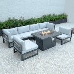 7-Pc Patio Sectional & Fire Pit Table Black Aluminum, Light Grey, CSFBL-7LGR