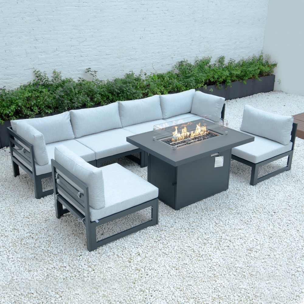 7-Pc Patio Sectional & Fire Pit Table Black Aluminum, Light Grey, CSFBL-7LGR 7-Pc Patio Sectional & Fire Pit Table Black Aluminum, Light Grey, CSFBL-7LGR