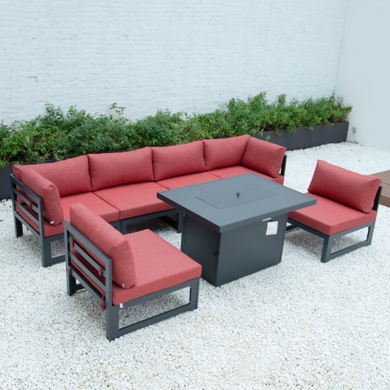 Chelsea 7-Piece Patio Sectional And Fire Pit Table Black Aluminum, Red, CSFBL-7R