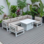 Chelsea 7-Pc Patio Sectional And Fire Pit Table White Aluminum, Beige, CSFW-7BG