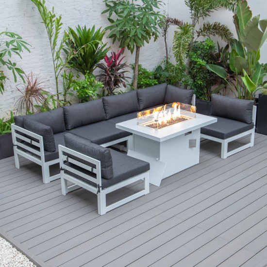 Chelsea 7-Pc Patio Sectional And Fire Pit Table White Aluminum, Black, CSFW-7BL