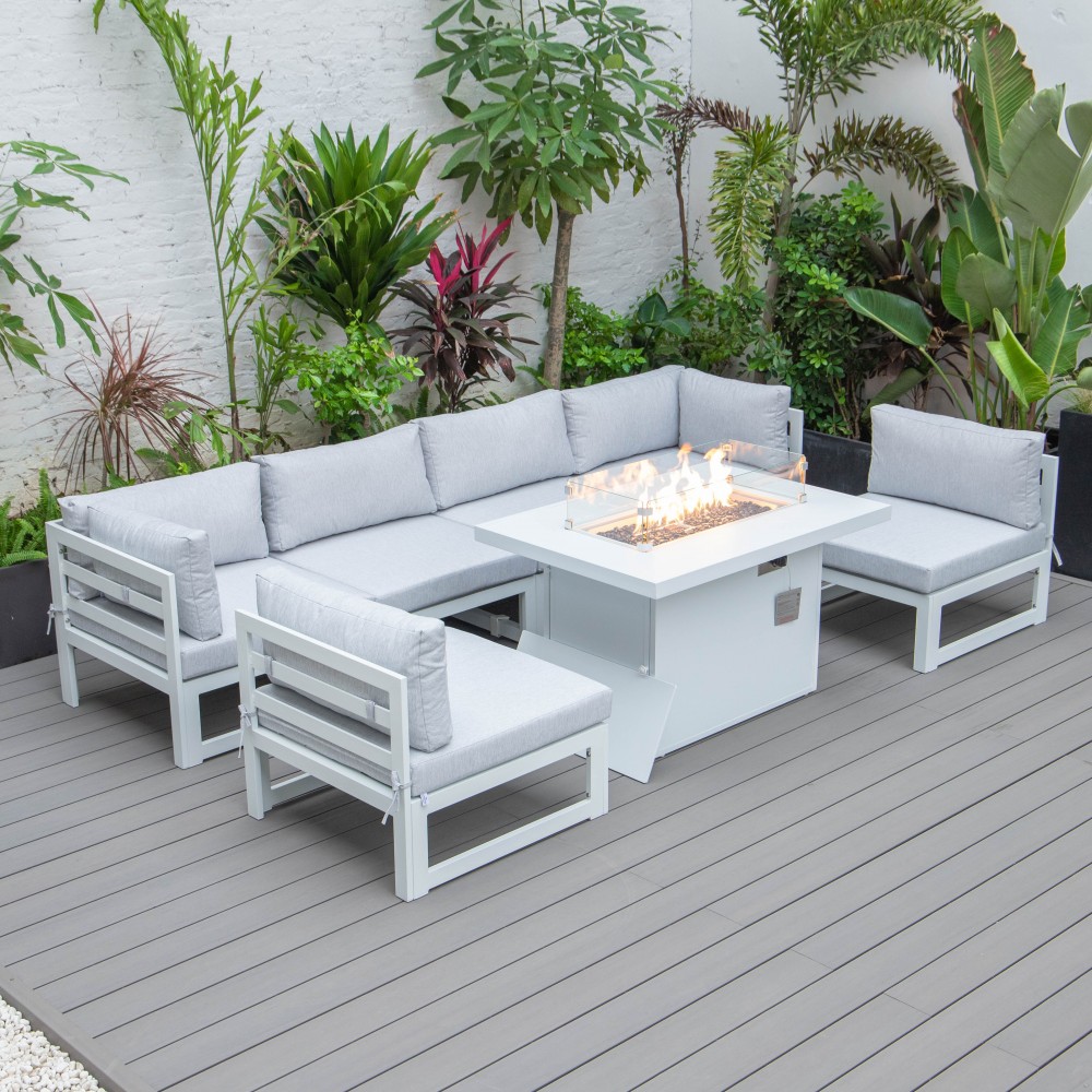 7-Pc Patio Sectional & Fire Pit Table White Aluminum, Light Grey, CSFW-7LGR 7-Pc Patio Sectional & Fire Pit Table White Aluminum, Light Grey, CSFW-7LGR