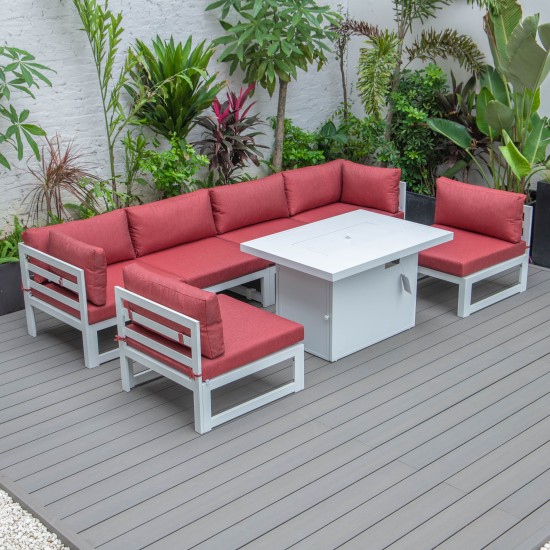 Chelsea 7-Piece Patio Sectional And Fire Pit Table White Aluminum, Red, CSFW-7R