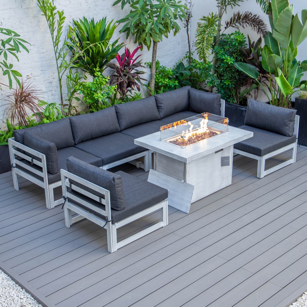 7-Pc Patio Sectional & Fire Pit Table Weathered Grey Aluminum, Black, CSFWGR-7BL 7-Pc Patio Sectional & Fire Pit Table Weathered Grey Aluminum, Black, CSFWGR-7BL