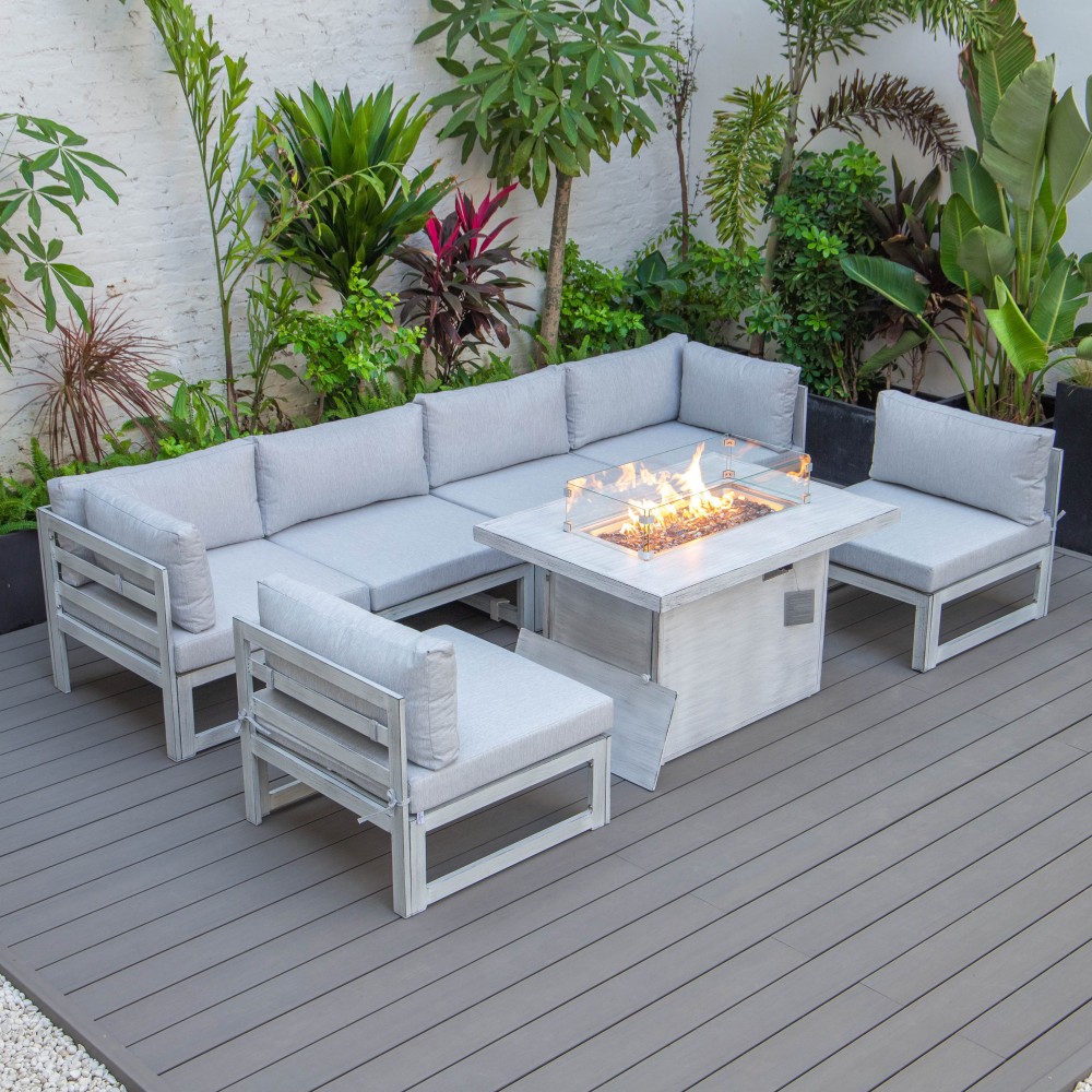 7-Pc Patio Sectional & Fire Pit Table Grey Aluminum Light Grey CSFWGR-7LGR 7-Pc Patio Sectional & Fire Pit Table Grey Aluminum Light Grey CSFWGR-7LGR