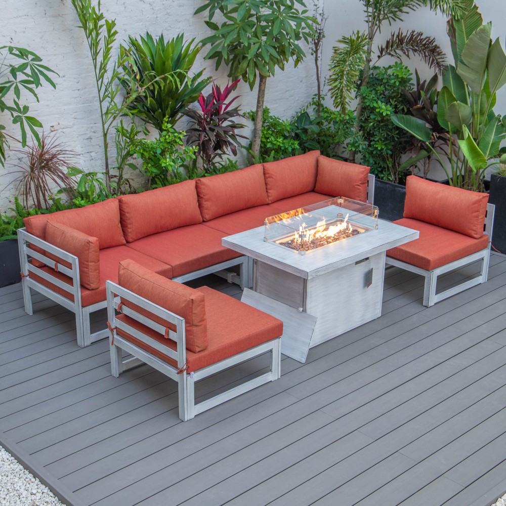 7-Pc Patio Sectional & Fire Pit Table Weathered Grey Aluminum Orange CSFWGR-7OR 7-Pc Patio Sectional & Fire Pit Table Weathered Grey Aluminum Orange CSFWGR-7OR