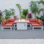 7-Pc Patio Sectional & Fire Pit Table Weathered Grey Aluminum Orange CSFWGR-7OR
