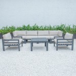 7Pc Patio Armchair Sectional & Coffee Table Set Black Aluminum Beige CSTARBL-7BG