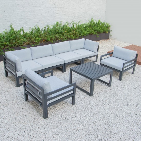 7Pc Patio Armchair Sectional & Coffee Table Set Black Aluminum Grey CSTARBL-7LGR