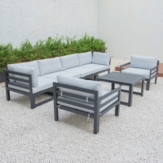 7Pc Patio Armchair Sectional & Coffee Table Set Black Aluminum Grey CSTARBL-7LGR