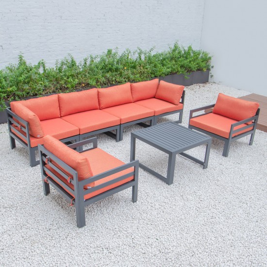 7Pc Patio Armchair Sectional &Coffee Table Set Black Aluminum Orange CSTARBL-7OR