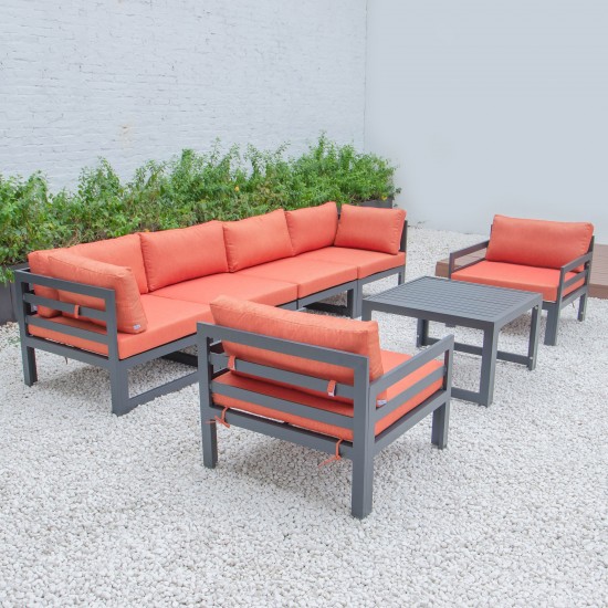 7Pc Patio Armchair Sectional &Coffee Table Set Black Aluminum Orange CSTARBL-7OR