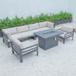 7-Pc Patio Armchair Sectional & Fire Pit Table Black Aluminum Beige CSFARBL-7BG