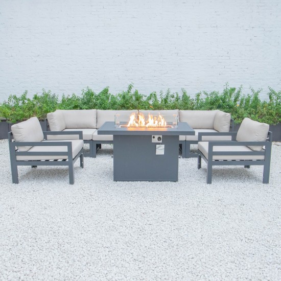 7-Pc Patio Armchair Sectional & Fire Pit Table Black Aluminum Beige CSFARBL-7BG