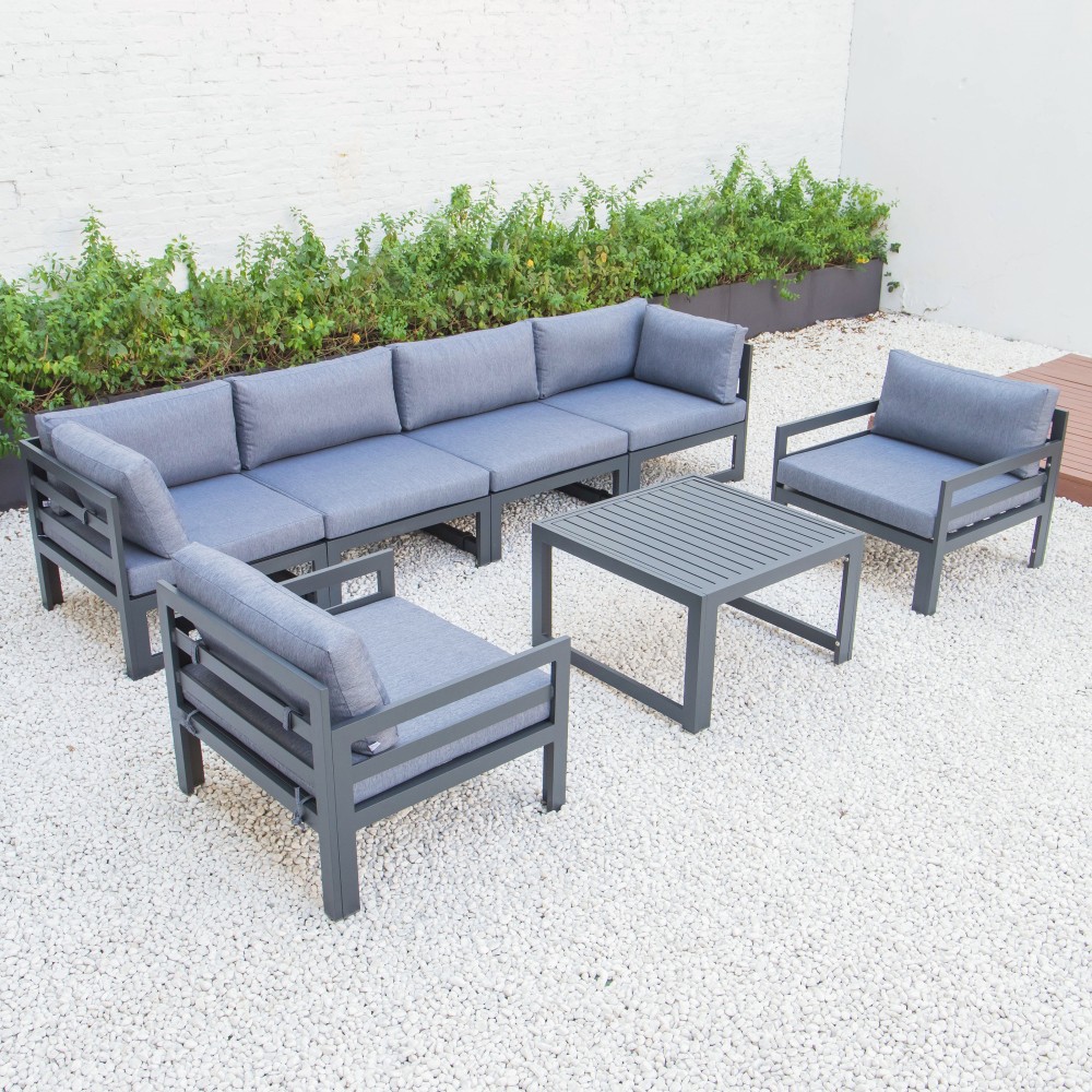 7-Pc Patio Armchair Sectional & Fire Pit Table Black Aluminum, Blue, CSFARBL-7BU