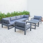 7-Pc Patio Armchair Sectional & Fire Pit Table Black Aluminum, Blue, CSFARBL-7BU