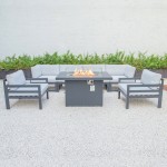 7Pc Patio Armchair Sectional & Fire Pit Table Black Aluminum Grey CSFARBL-7LGR