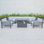 7Pc Patio Armchair Sectional & Fire Pit Table Black Aluminum Grey CSFARBL-7LGR