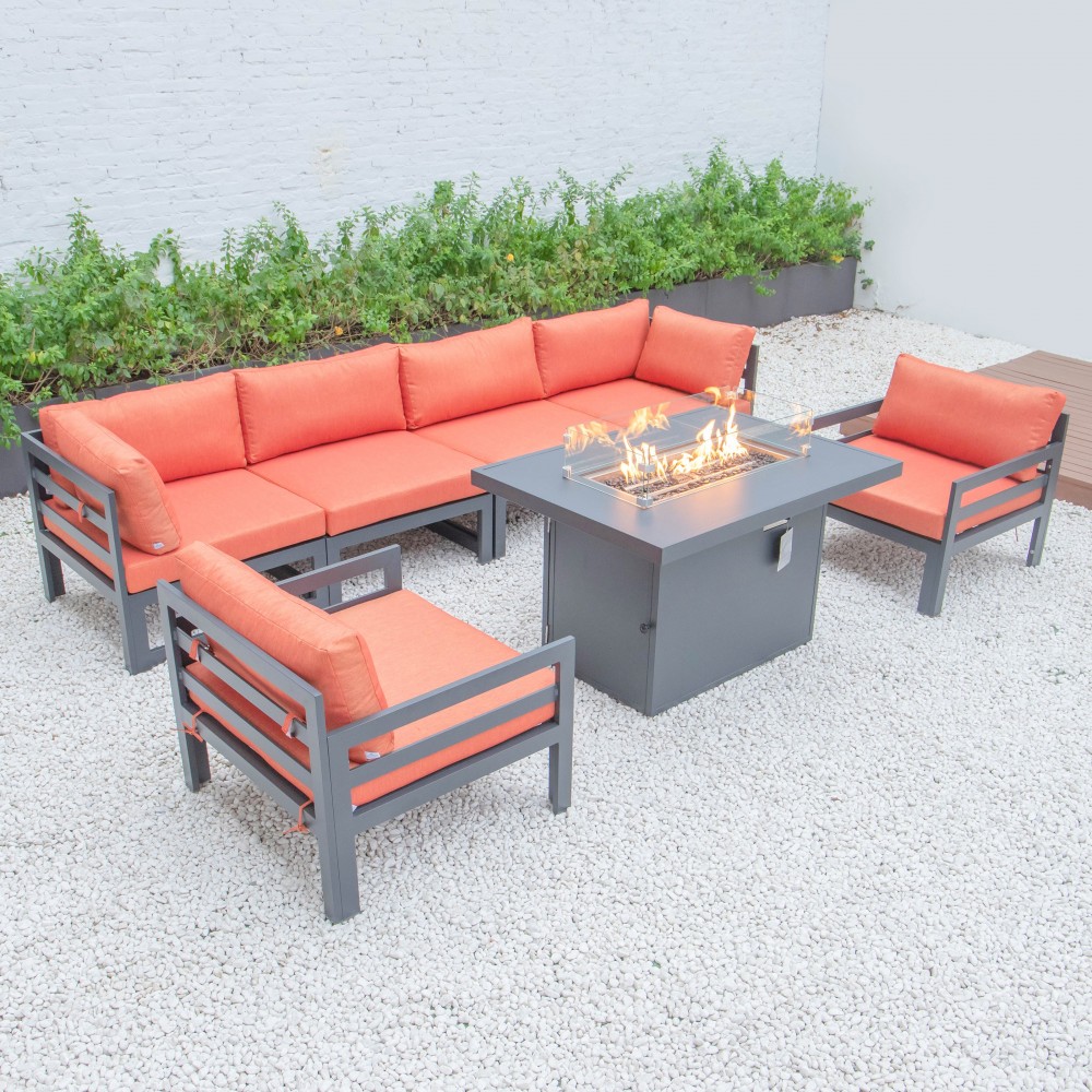 7-Pc Patio Armchair Sectional & Fire Pit Table Black Aluminum Orange CSFARBL-7OR