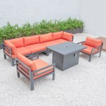 7-Pc Patio Armchair Sectional & Fire Pit Table Black Aluminum Orange CSFARBL-7OR