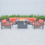 7-Pc Patio Armchair Sectional & Fire Pit Table Black Aluminum Orange CSFARBL-7OR