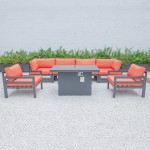 7-Pc Patio Armchair Sectional & Fire Pit Table Black Aluminum Orange CSFARBL-7OR