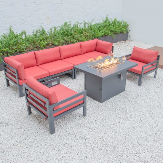 7-Pc Patio Armchair Sectional & Fire Pit Table Black Aluminum, Red, CSFARBL-7R