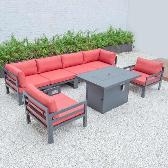 7-Pc Patio Armchair Sectional & Fire Pit Table Black Aluminum, Red, CSFARBL-7R