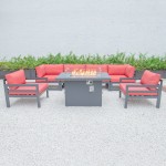 7-Pc Patio Armchair Sectional & Fire Pit Table Black Aluminum, Red, CSFARBL-7R