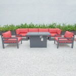 7-Pc Patio Armchair Sectional & Fire Pit Table Black Aluminum, Red, CSFARBL-7R