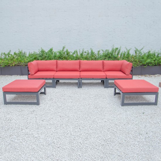 Chelsea 6-Piece Patio Ottoman Sectional Black Aluminum, Cushions, Red, CSOBL-6R