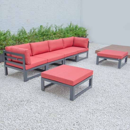 Chelsea 6-Piece Patio Ottoman Sectional Black Aluminum, Cushions, Red, CSOBL-6R