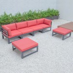 Chelsea 6-Piece Patio Ottoman Sectional Black Aluminum, Cushions, Red, CSOBL-6R