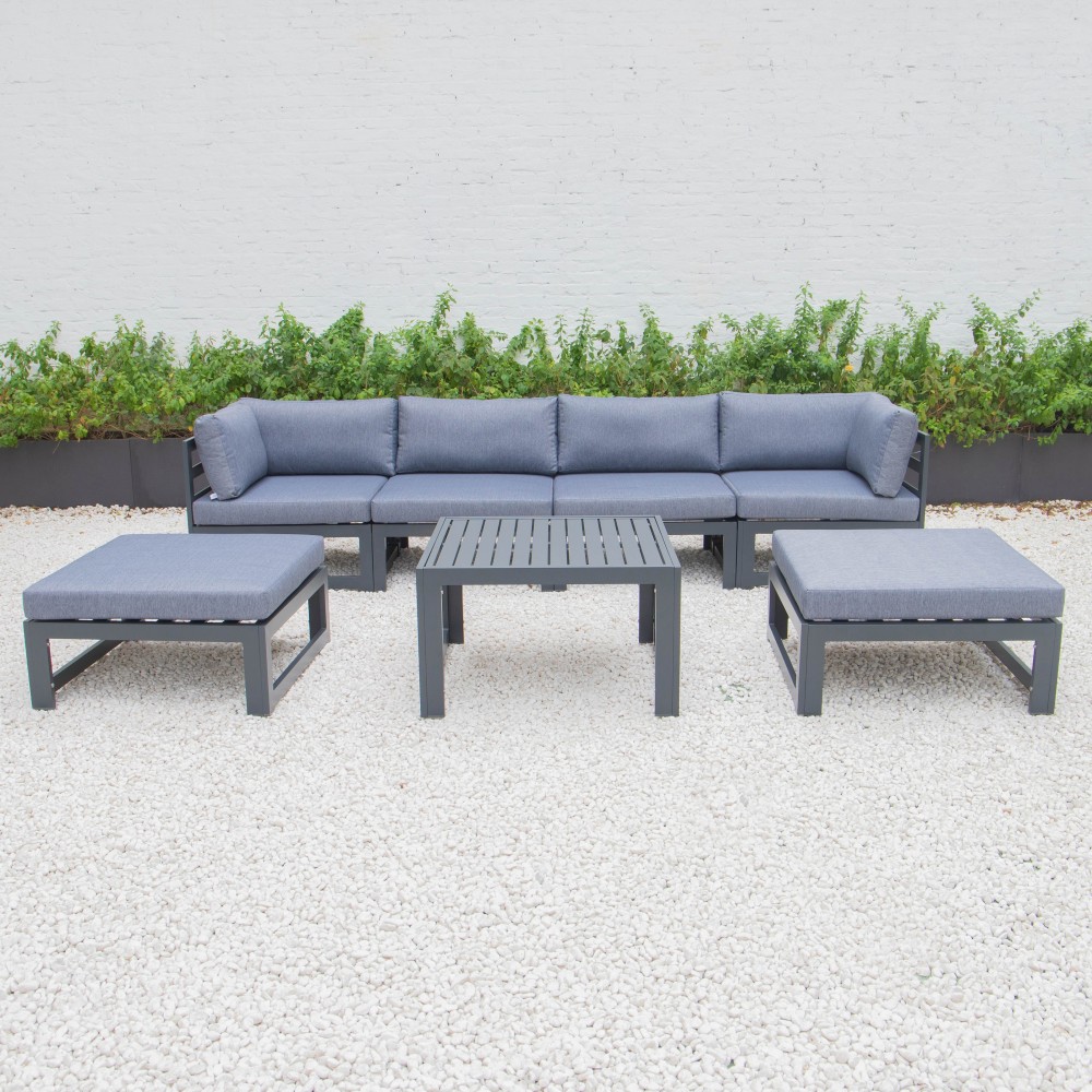 7-Pc Patio Ottoman Sectional & Coffee Table Set Black Aluminum, Blue, CSTOBL-7BU 7-Pc Patio Ottoman Sectional & Coffee Table Set Black Aluminum, Blue, CSTOBL-7BU