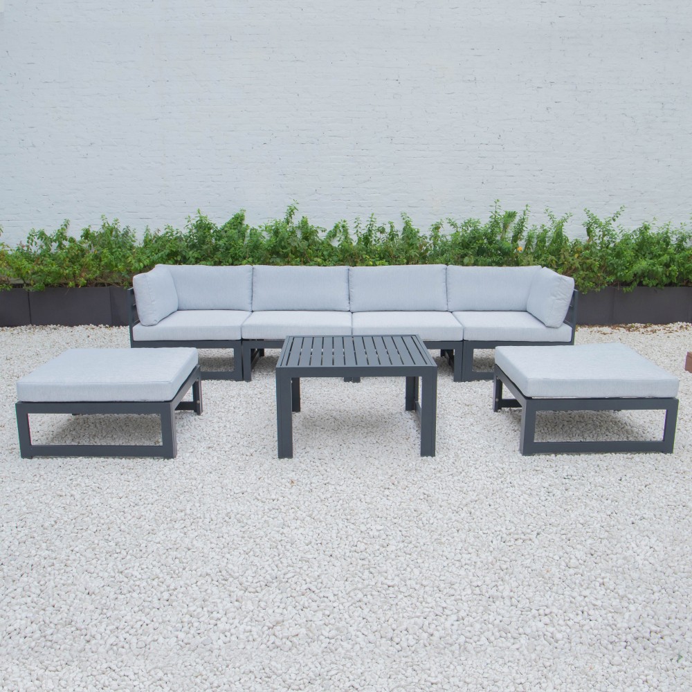 7Pc Patio Ottoman Sectional & Coffee Table Set Black Aluminum Grey CSTOBL-7LGR