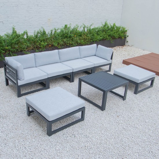 7Pc Patio Ottoman Sectional & Coffee Table Set Black Aluminum Grey CSTOBL-7LGR