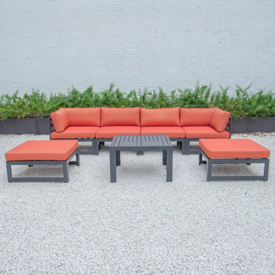 7-Pc Patio Ottoman Sectional & Coffee Table Set Black Aluminum Orange CSTOBL-7OR