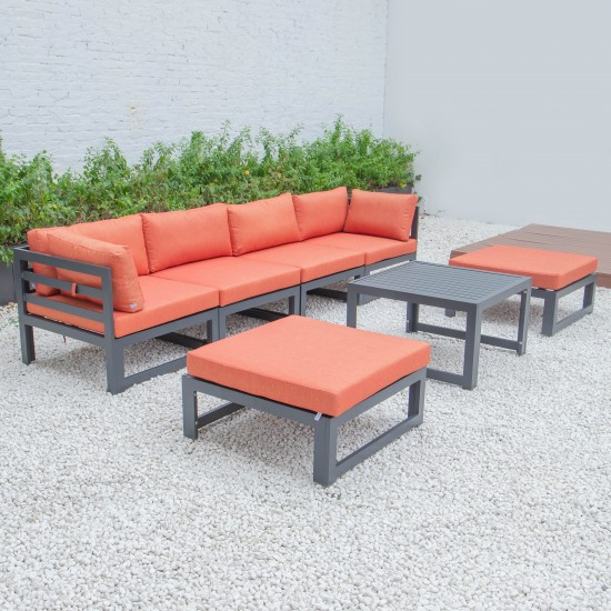 7-Pc Patio Ottoman Sectional & Coffee Table Set Black Aluminum Orange CSTOBL-7OR