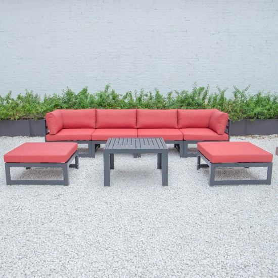 7-Pc Patio Ottoman Sectional & Coffee Table Set Black Aluminum, Red, CSTOBL-7R