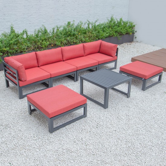 7-Pc Patio Ottoman Sectional & Coffee Table Set Black Aluminum, Red, CSTOBL-7R