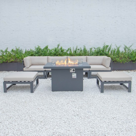 7-Pc Patio Ottoman Sectional & Fire Pit Table Black Aluminum, Beige, CSFOBL-7BG