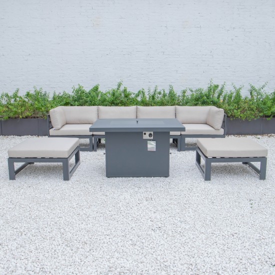 7-Pc Patio Ottoman Sectional & Fire Pit Table Black Aluminum, Beige, CSFOBL-7BG