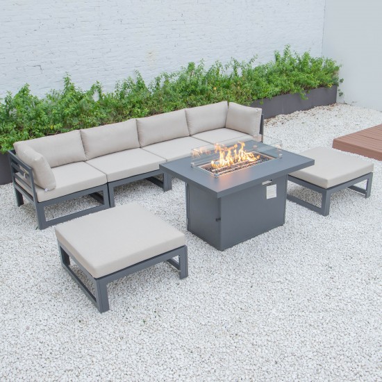 7-Pc Patio Ottoman Sectional & Fire Pit Table Black Aluminum, Beige, CSFOBL-7BG