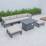 7-Pc Patio Ottoman Sectional & Fire Pit Table Black Aluminum, Beige, CSFOBL-7BG