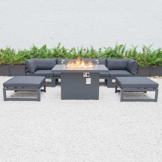 7-Pc Patio Ottoman Sectional & Fire Pit Table Black Aluminum, Black, CSFOBL-7BL