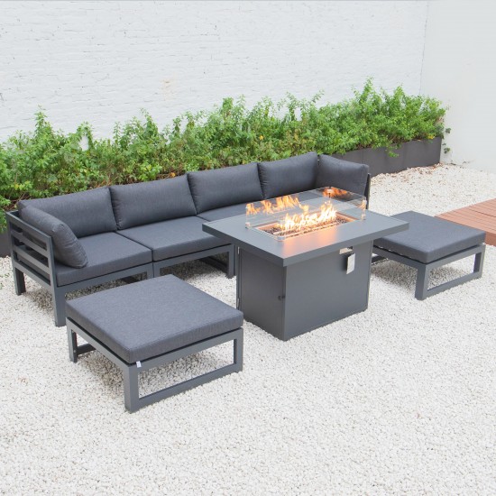 7-Pc Patio Ottoman Sectional & Fire Pit Table Black Aluminum, Black, CSFOBL-7BL