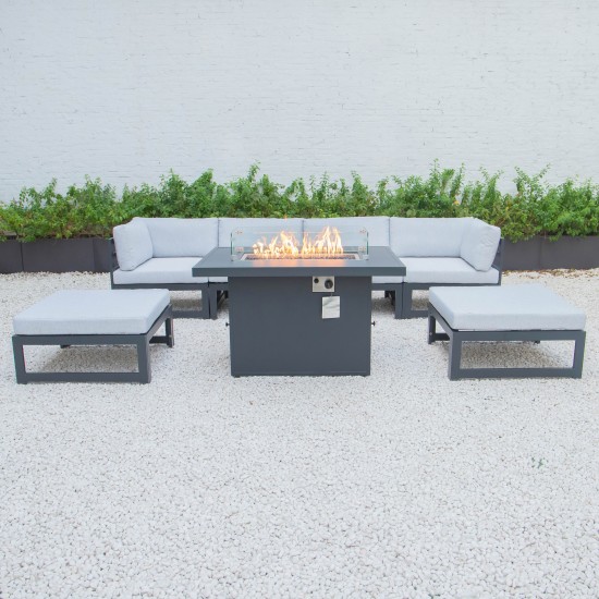 7Pc Patio Ottoman Sectional & Fire Pit Table Black Aluminum Grey CSFOBL-7LGR