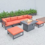 7-Pc Patio Ottoman Sectional & Fire Pit Table Black Aluminum, Orange, CSFOBL-7OR