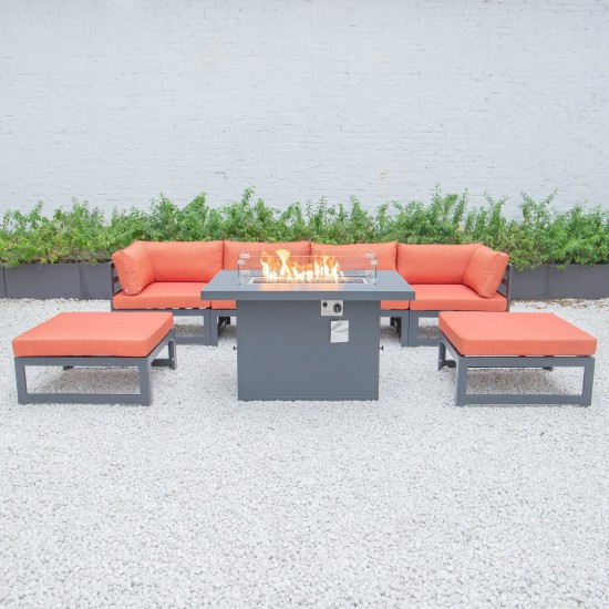 7-Pc Patio Ottoman Sectional & Fire Pit Table Black Aluminum, Orange, CSFOBL-7OR